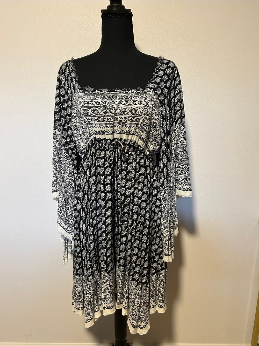 Free People Black & White Boho Bell Sleeve Mini Dress Size M